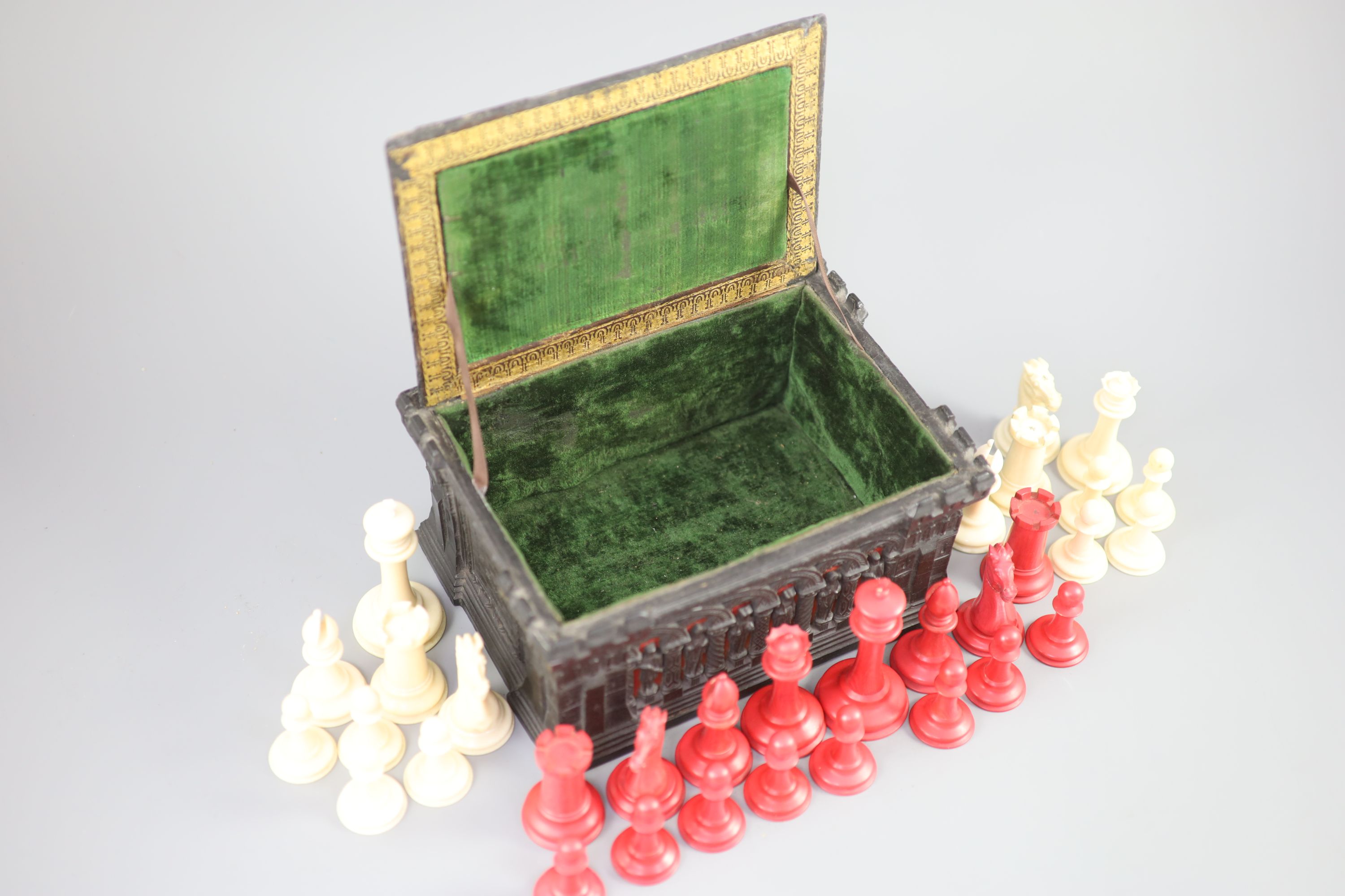 A Jaques London red and white ivory 3 1/2 Staunton chess set, c.1850, 8.25 x 6 x 4in.